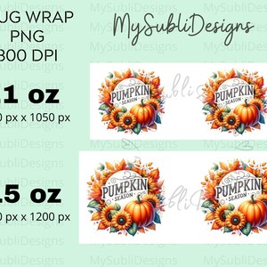 Pu&ograve; includere: Due design per tazze da 11 oz e 15 oz con una zucca con il testo "Pumpkin Season" circondata da girasoli e foglie autunnali.