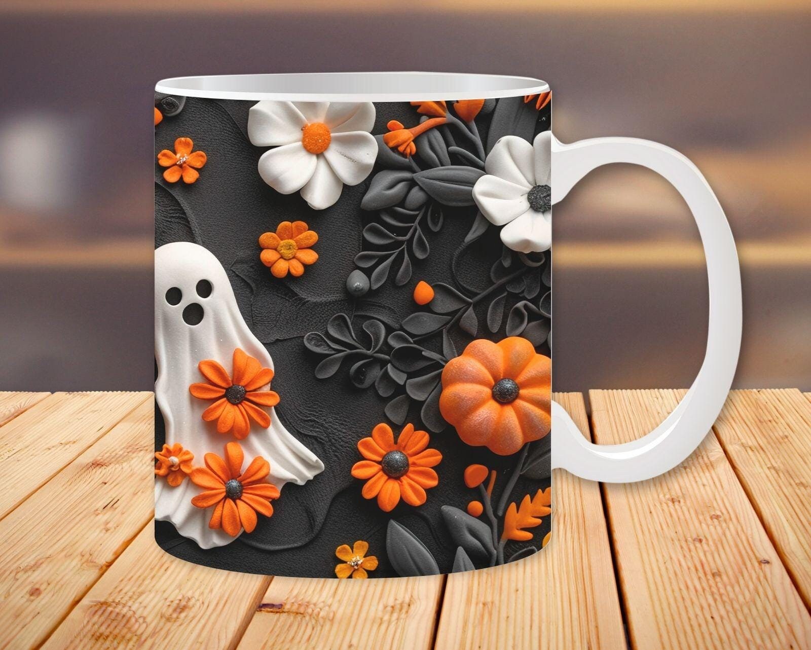 3D Halloween Ghost Mug Wrap, Ghost Mug Png, 3D Ghost Mug Wrap, 11oz and 15 oz Halloween Sublimation Designs, Ghost and Pumpkins, Flowers