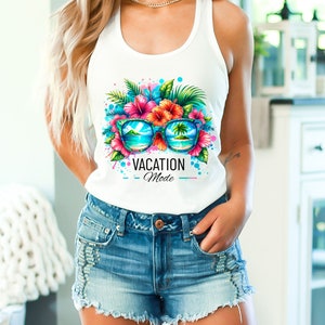 May include: White tank top with a colorful tropical floral design and sunglasses with a beach scene reflected in the lenses. The text "Vacation Mode" is printed below the sunglasses.