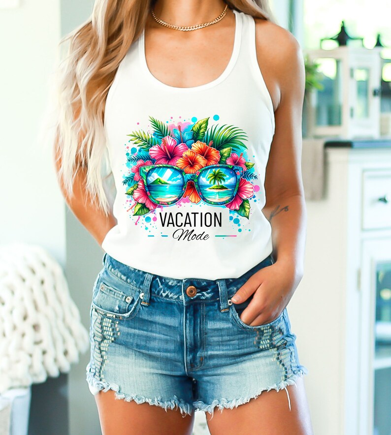 May include: White tank top with a colorful tropical floral design and sunglasses with a beach scene reflected in the lenses. The text "Vacation Mode" is printed below the sunglasses.
