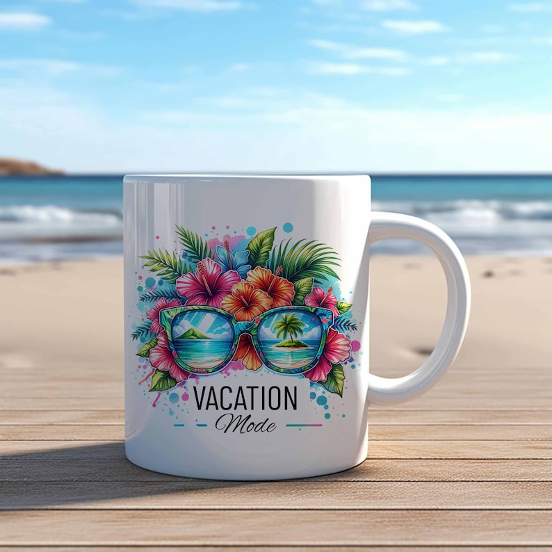 May include: White ceramic mug with a colorful design of tropical flowers, palm trees, and sunglasses with a beach scene reflected in the lenses. The text "VACATION Mode" is printed below the design.