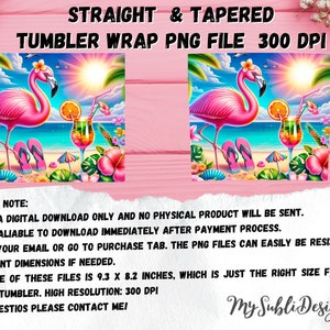 May include: A digital download of a pink flamingo and tropical drink design, perfect for creating a tumbler wrap. The design is 9.3 inches by 8.2 inches and 300 DPI.