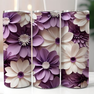 3D Purple White Flowers Tumbler Wrap Design Floral, 20 oz Skinny Tumbler Sublimation, Straight and Tapered, Instant Digital Download PNG