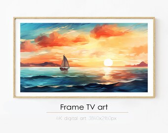 Samsung Frame TV art | Watercolor seascape art | Sunset sky over the sea