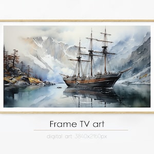 Frame TV art | watercolor old ship|  Norwegian fjords landscape |Samsung Frame TV art