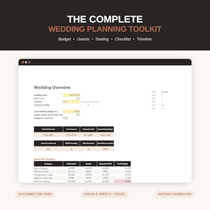 Könnte beinhalten: Die digitale Tabellenkalkulation The Complete Wedding Planning Toolkit enthält ein Wedding Overview-Dashboard mit Bereichen für Budget, Gäste, Sitzordnung, Checkliste und Zeitplan. Sie umfasst Tabellen zur Nachverfolgung von Ausgaben.
