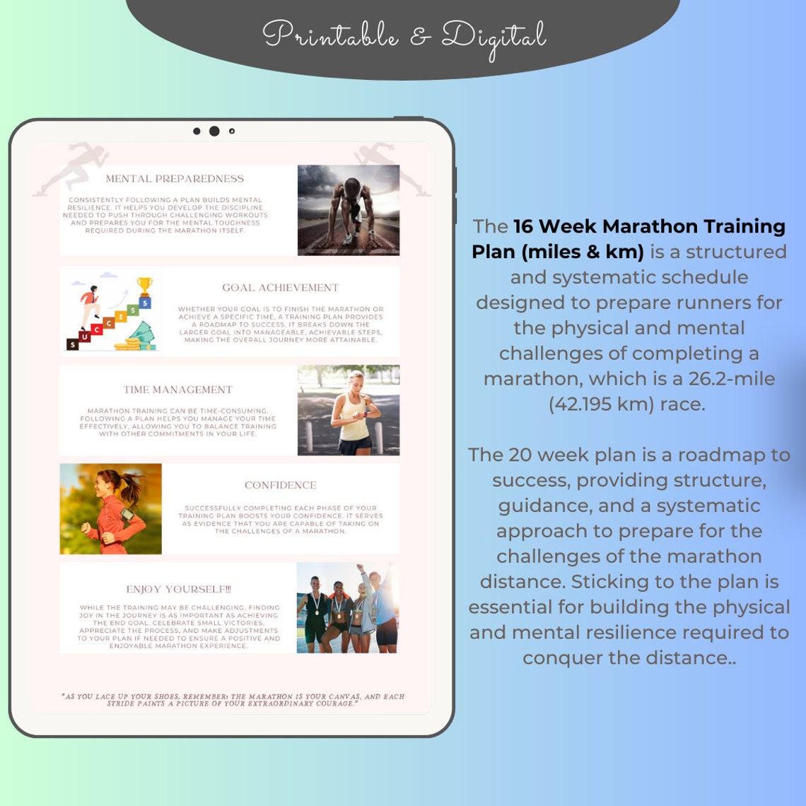 Marathon Training Plan 16 Week Printable & Digital | Bonus Running ...