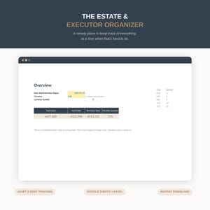Peut inclure: Le modèle de feuille de calcul numérique Estate & Executor Organizer présente un tableau de bord Overview avec des champs pour Date Administration Began, Currency et Currency Symbol. Un tableau affiche Total Assets, Total Debts, Net Estate Value et Checklist Complete.
