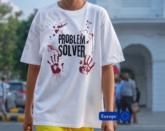 Problem Solver Zabawny Czarny Humor Krwawy Horror Unisex Bawełniana koszulka UE