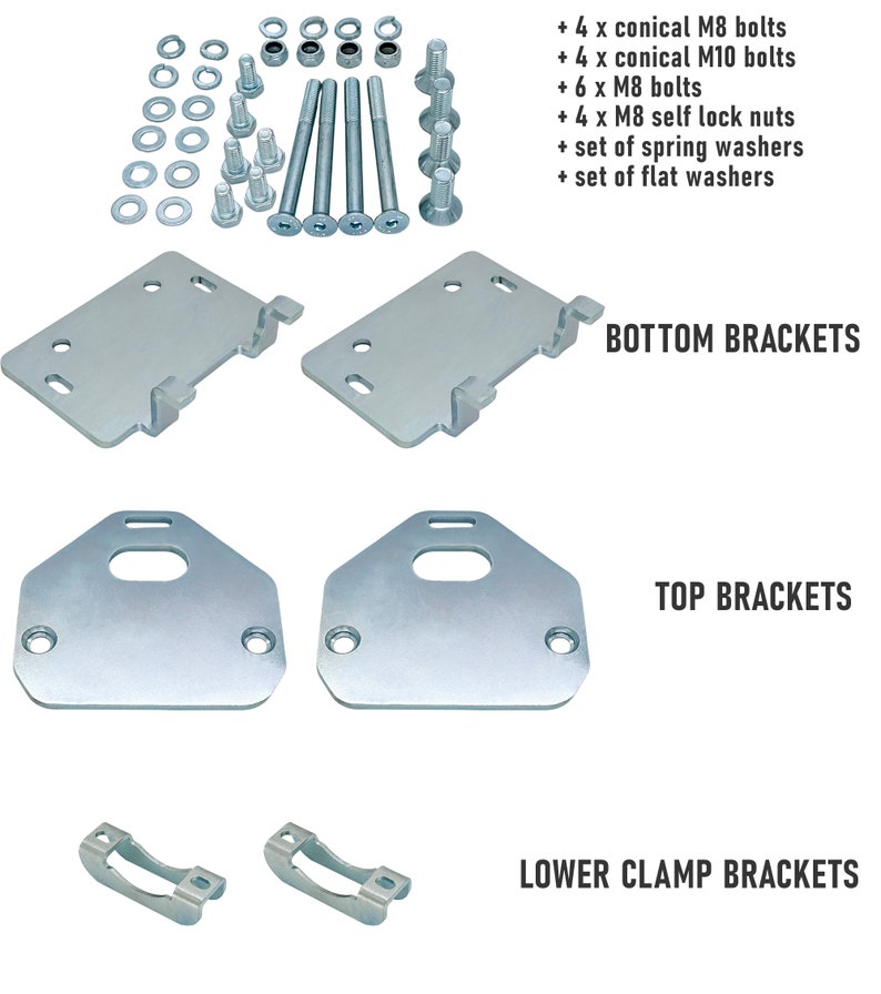 Puede incluir: Un conjunto de soportes met&aacute;licos y herrajes para montar un portaequipajes de techo de coche. El conjunto incluye soportes superiores e inferiores, soportes de abrazadera inferiores, tornillos, tuercas y arandelas. La herrajer&iacute;a es de color plateado.