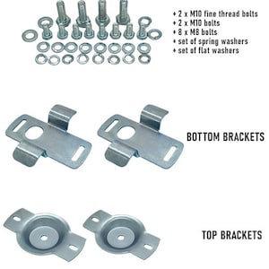Puede incluir: Dos juegos de soportes met&aacute;licos, un juego etiquetado como "BOTTOM BRACKETS" y el otro como "TOP BRACKETS". Los soportes son de color plateado y tienen agujeros para tornillos. La imagen tambi&eacute;n muestra un juego de tornillos, arandelas y tuercas.