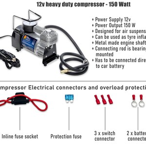 Puede incluir: Un compresor de aire de 12V de alta resistencia con cuerpo negro y plateado. Tiene una potencia de salida de 150W y est&aacute; dise&ntilde;ado para suspensi&oacute;n neum&aacute;tica. El compresor viene con una manguera, un cable de alimentaci&oacute;n y un man&oacute;metro. Est&aacute; montado sobre una base negra y tiene una biela. El texto "12v heavy duty compressor - 150 Watt" est&aacute; impreso en la parte superior de la imagen. La imagen tambi&eacute;n muestra los conectores el&eacute;ctricos y la protecci&oacute;n contra sobrecargas del compresor.