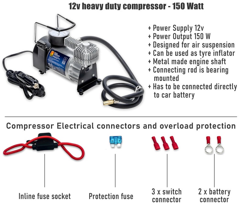 Puede incluir: Un compresor de aire de 12V de alta resistencia con cuerpo negro y plateado. Tiene una potencia de salida de 150W y est&aacute; dise&ntilde;ado para suspensi&oacute;n neum&aacute;tica. El compresor viene con una manguera, un cable de alimentaci&oacute;n y un man&oacute;metro. Est&aacute; montado sobre una base negra y tiene una biela. El texto "12v heavy duty compressor - 150 Watt" est&aacute; impreso en la parte superior de la imagen. La imagen tambi&eacute;n muestra los conectores el&eacute;ctricos y la protecci&oacute;n contra sobrecargas del compresor.