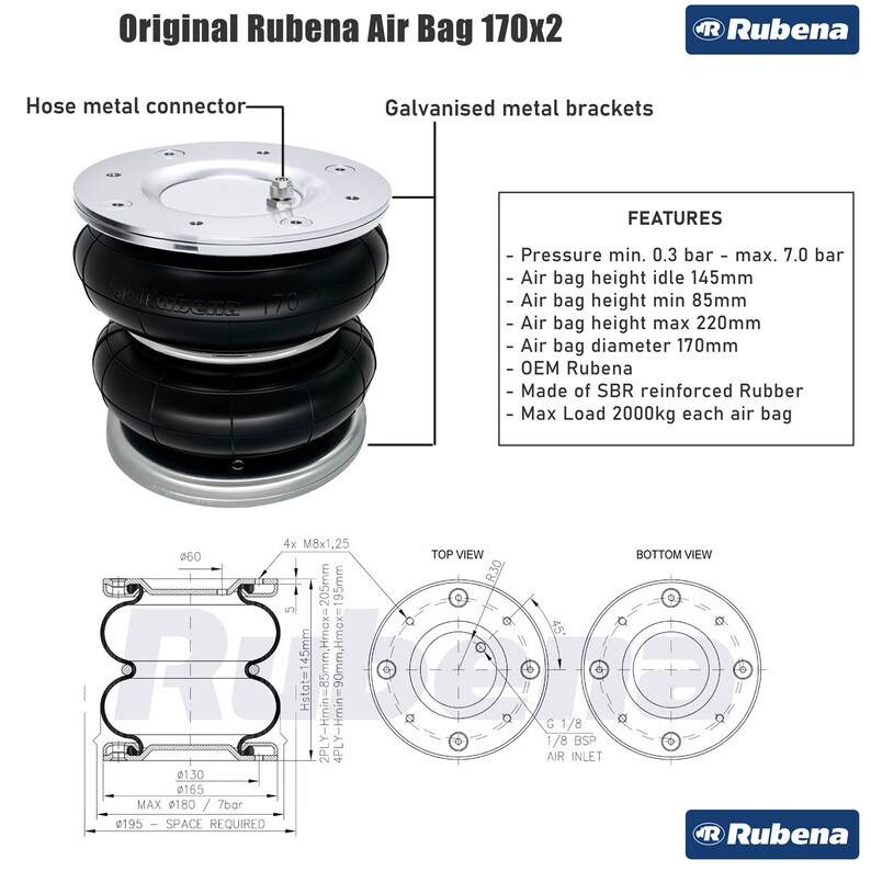 Puede incluir: Un par de bolsas de aire negras con un conector de metal plateado y un soporte de metal plateado. Las bolsas de aire est&aacute;n etiquetadas como "Rubena 170". Las bolsas de aire est&aacute;n dise&ntilde;adas para una carga m&aacute;xima de 2000 kg cada una. Las bolsas de aire est&aacute;n hechas de caucho SBR reforzado. Las bolsas de aire tienen una altura m&iacute;nima de 85 mm y una altura m&aacute;xima de 220 mm. Las bolsas de aire tienen un di&aacute;metro de 170 mm.