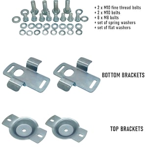 May include: Two sets of metal brackets, one set labeled "BOTTOM BRACKETS" and the other labeled "TOP BRACKETS". The brackets are silver in color and have a variety of holes and slots. The image also includes a set of screws, washers, and nuts.