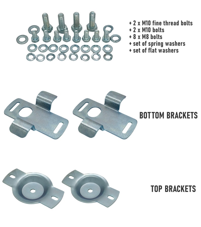 May include: Two sets of metal brackets, one set labeled "BOTTOM BRACKETS" and the other labeled "TOP BRACKETS". The brackets are silver in color and have a variety of holes and slots. The image also includes a set of screws, washers, and nuts.