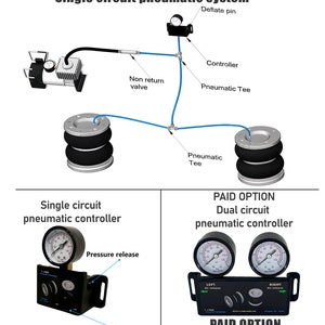Puede incluir: Diagrama de un sistema neum&aacute;tico de circuito &uacute;nico con un compresor, una v&aacute;lvula de retenci&oacute;n, tees neum&aacute;ticas y bolsas de aire. El diagrama tambi&eacute;n muestra un controlador neum&aacute;tico de circuito &uacute;nico con un man&oacute;metro, un bot&oacute;n de liberaci&oacute;n de presi&oacute;n y un interruptor de encendido/apagado del compresor. El diagrama tambi&eacute;n muestra una opci&oacute;n de pago para un controlador neum&aacute;tico de doble circuito con dos man&oacute;metros, dos botones de liberaci&oacute;n de aire y un interruptor de encendido/apagado del compresor.