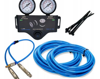 Controlador neumático dual con conexiones para compresor de aire y válvulas antirretorno.