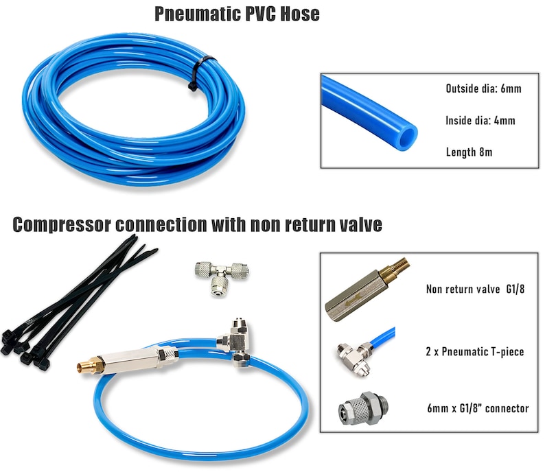 Puede incluir: Una manguera de PVC azul con un di&aacute;metro exterior de 6 mm, un di&aacute;metro interior de 4 mm y una longitud de 8 m. La manguera est&aacute; enrollada y lista para usar. La imagen tambi&eacute;n muestra una conexi&oacute;n de compresor con una v&aacute;lvula de retenci&oacute;n, dos piezas en T neum&aacute;ticas y un conector de 6 mm x G1/8"