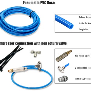 May include: A blue PVC hose, 8 meters long, with an outside diameter of 6 mm and an inside diameter of 4 mm. The hose is coiled up and ready to be used for a compressor connection with a non-return valve. The kit includes a non-return valve, two pneumatic T-pieces, and a 6 mm x G1/8" connector.