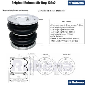May include: A pair of black air bags with a silver metal connector and mounting brackets. The air bags are labeled "Rubena 170". The image includes a diagram with measurements in inches and a list of features, including the maximum load of 2000kg per bag.