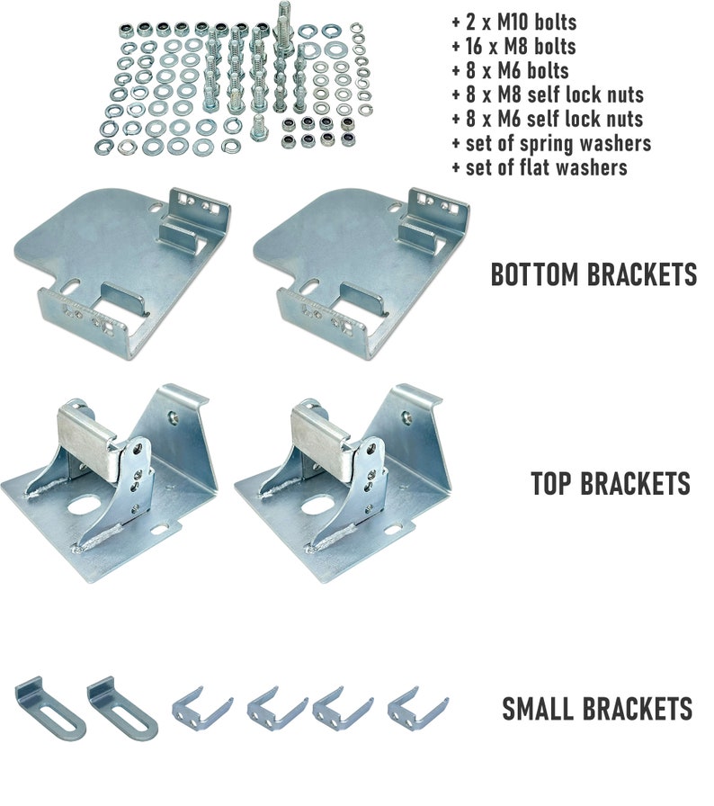 Puede incluir: Un conjunto de soportes met&aacute;licos para montar un asiento de coche. El conjunto incluye dos soportes inferiores grandes, dos soportes superiores y seis soportes peque&ntilde;os. Los soportes son de color plateado y tienen una variedad de agujeros para el montaje.
