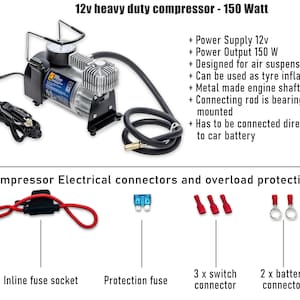 Puede incluir: Un compresor de aire de 12V de alta resistencia con cuerpo negro y plateado. Tiene una potencia de salida de 150W y est&aacute; dise&ntilde;ado para suspensi&oacute;n neum&aacute;tica. El compresor viene con una manguera, un cable de alimentaci&oacute;n y un man&oacute;metro. Est&aacute; montado sobre una base negra y tiene una biela. El texto "12v heavy duty compressor - 150 Watt" est&aacute; impreso en la parte superior de la imagen. La imagen tambi&eacute;n muestra los conectores el&eacute;ctricos y la protecci&oacute;n contra sobrecargas del compresor.