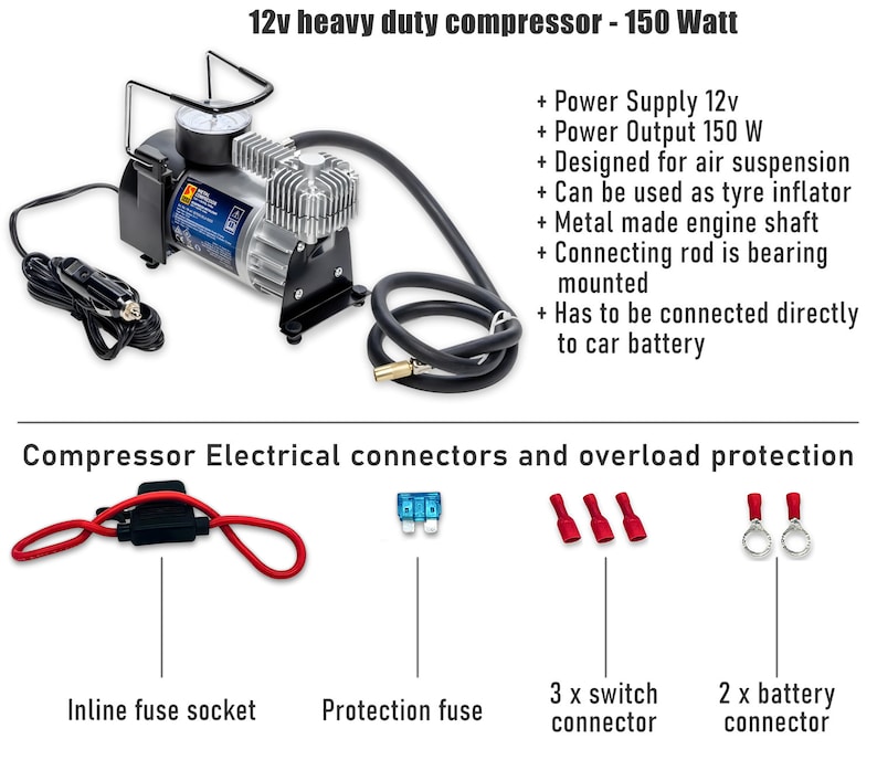 Puede incluir: Un compresor de aire de 12V de alta resistencia con cuerpo negro y plateado. Tiene una potencia de salida de 150W y est&aacute; dise&ntilde;ado para suspensi&oacute;n neum&aacute;tica. El compresor viene con una manguera, un cable de alimentaci&oacute;n y un man&oacute;metro. Est&aacute; montado sobre una base negra y tiene una biela. El texto "12v heavy duty compressor - 150 Watt" est&aacute; impreso en la parte superior de la imagen. La imagen tambi&eacute;n muestra los conectores el&eacute;ctricos y la protecci&oacute;n contra sobrecargas del compresor.