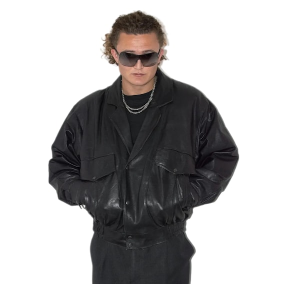 80er Jahre Vintage Schwarze verblasste Echtleder Bomberjacke Box