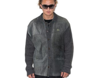 Cárdigan de cuello en V con botones y diseño grunge en dos tonos azul marino de los años 90 - Suéteres de invierno - Cárdigan de gamuza de lana estilo abuelo grunge para hombre -