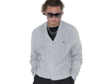 Cárdigan de cuello en V con botones y diseño grunge en dos tonos azul marino de los años 90 - Suéteres de invierno - Cárdigan de gamuza de lana estilo abuelo grunge para hombre -