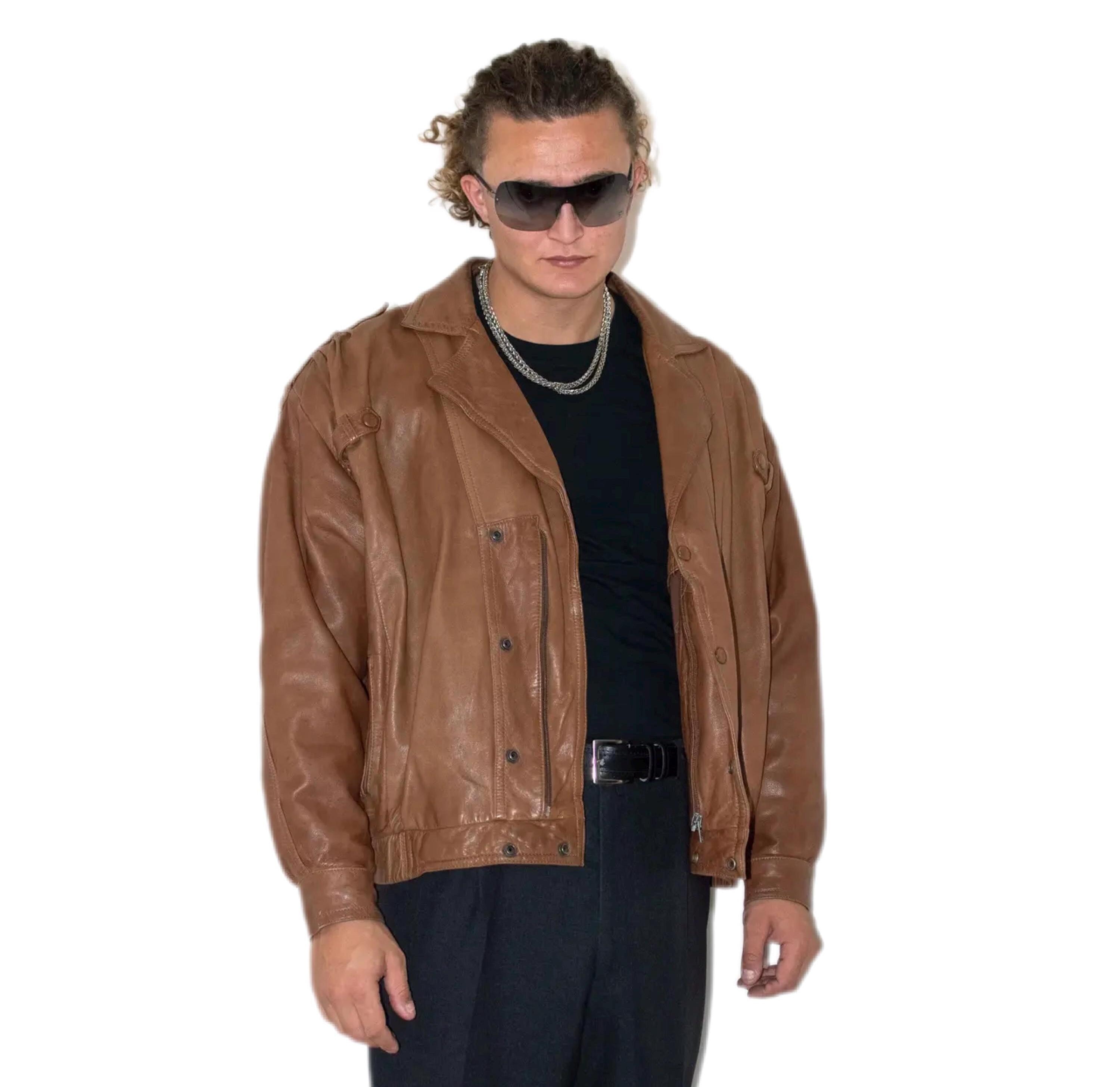 ジャケット・アウター 90s vintage fade leather bomber jacket 90s Vintage Faded Brown Real Leather Bomber Leather Jacket