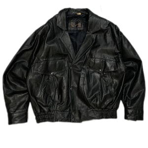 90s Vintage Black fade Leather double breasted Bomber jacket - Box Fit Aviator Blouson Jacket - heavy oversized leather Jacket