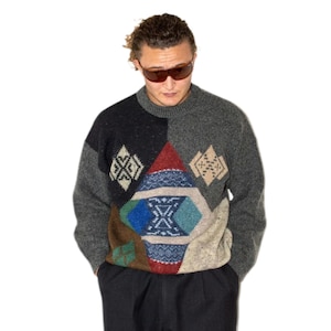 80s vintage knitted chunky geometric sweater - Unisex oversized Blouson Jacket - Zip Through bomber boxy Jacket