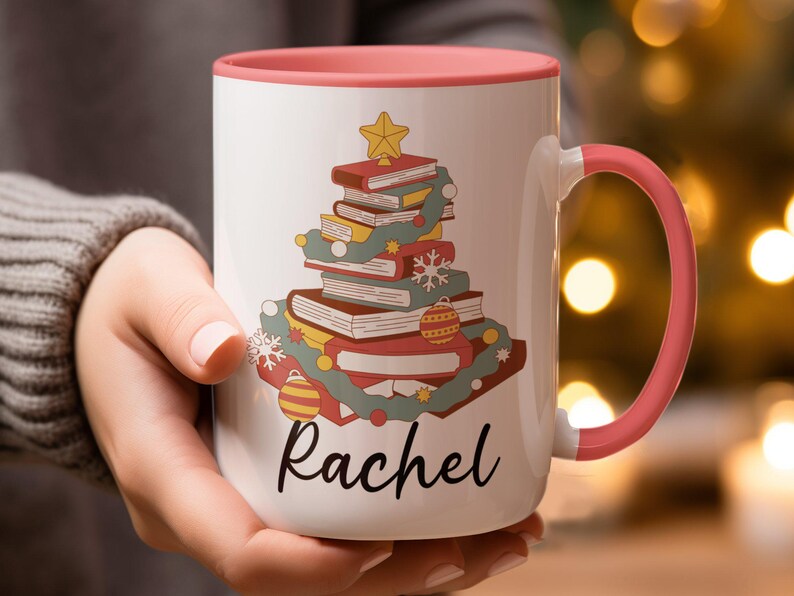 Personalized Christmas Books Mug, Teacher Coffee Mug, Librarian Mug