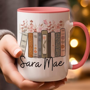 Personalized Floral Books Mug, Favorite Bookshelf Coffee Mug, Custom Tittle & Name Librarian Bookworm Gift for Reader, Gift for