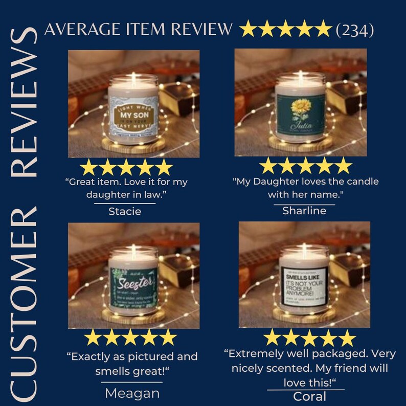 May include: Four scented candles in glass jars on wooden coasters. Each candle has a label with text, including "Light When My Son Is In Your Last Nerve", "Julia", "Seester", and "Smells Like It's Not Your Problem Anymore".