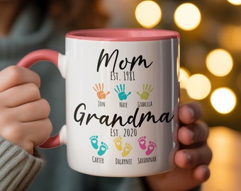 Personalized Grandma Mug, Holding kid hands Mom Grandma Mug, 11oz Ceramic Mug for Mimi Mom, Mom Custom Kid names Hand Mug,