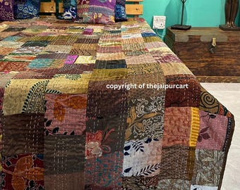 Bohemian Patchwork Kantha Quilt: Handmade Vintage Bedspread