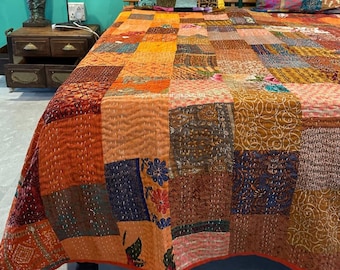 Handmade Patchwork Kantha Quilt: Indian Cotton Bedspread