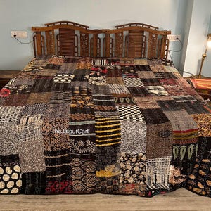 Edredón Kantha hecho a mano: manta de patchwork india, ropa de cama bohemia