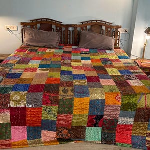 Bohemian Patchwork Kantha Quilt Handmade Vintage Reversible Boho Twin Size Bedding Throw Blanket Bedspread Quilted Recycled Coverlet Hippie