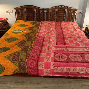 Vintage Indian Kantha Quilt: Twin Size Cotton Boho Bedspread