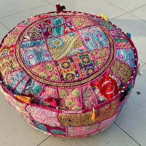 Indian Handmade Patchwork Pouf Cover Round Ottoman Foot Stool Cover Hippie Bohemian Cotton Handmade Embroidery EthnicSeating Floor Cover