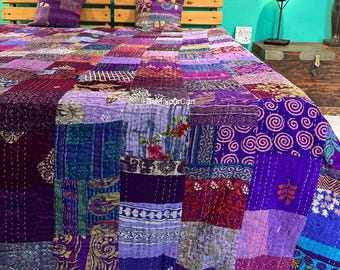 Vintage Kantha Quilt: Handmade Indian Patchwork Throw, Bohemian Bedspread (108"X90")