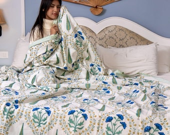 Hand Block Print Cotton Dohar | Reversible AC Blanket | Soft Indian Quilt | Jaipuri AC Comforter | Floral Print Summer Blanket