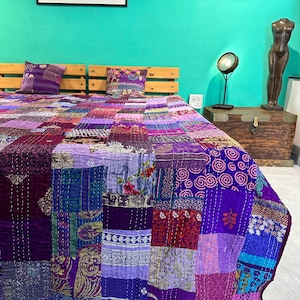 Bohemian Patchwork Quilt Kantha Quilt Handmade Vintage Quilts Boho King Size Bedding Throw Blanket Bedspread Quilting Hippie Quilts For Sale Purple