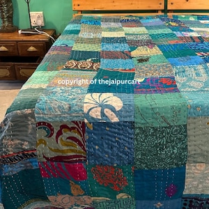 Bohemian Silk Patchwork Kantha Quilt: Handmade Vintage Boho Bedding
