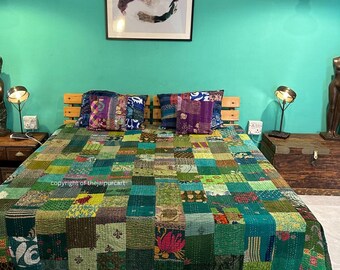 Trapunta Kantha patchwork in cotone multicolore con motivo a blocchi di