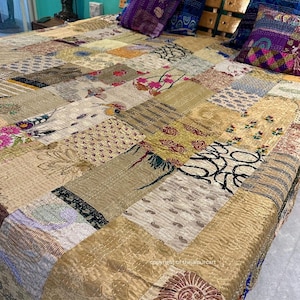 Recycled Indian Sari Silk Patchwork Blanket,Handmade Kantha Quilt